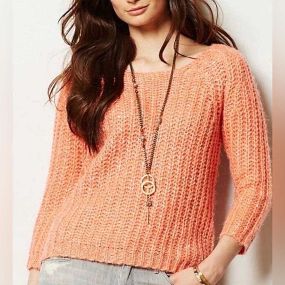 Anthropologie KNITTED & KNOTTED Sunstitch Pullover Sweater Peach XS EUC